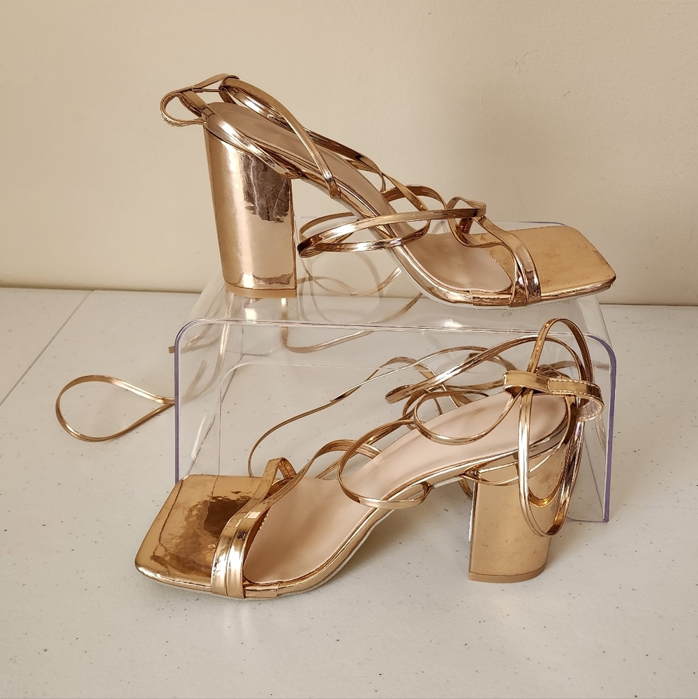Shein Rose Gold Strappy Block Heels | Lace-Up | Square Toe | Size Eur 38